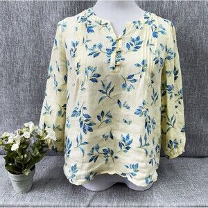 J. Jill Love Linen Blouse XS Petite PTP 20 Yellow Floral Pintuck Keyhole Top